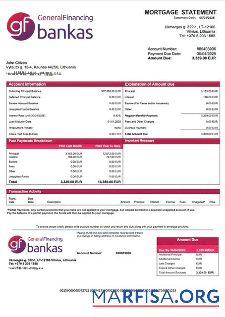 Realistic Lithuania UAB GF bankas mortgage statement Word and PDF template
